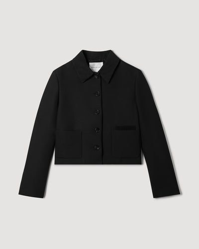 Black Ines Jacket packshot. Boxy, cropped structured wool viscose jacket with hand-sewn pocket embroidery.