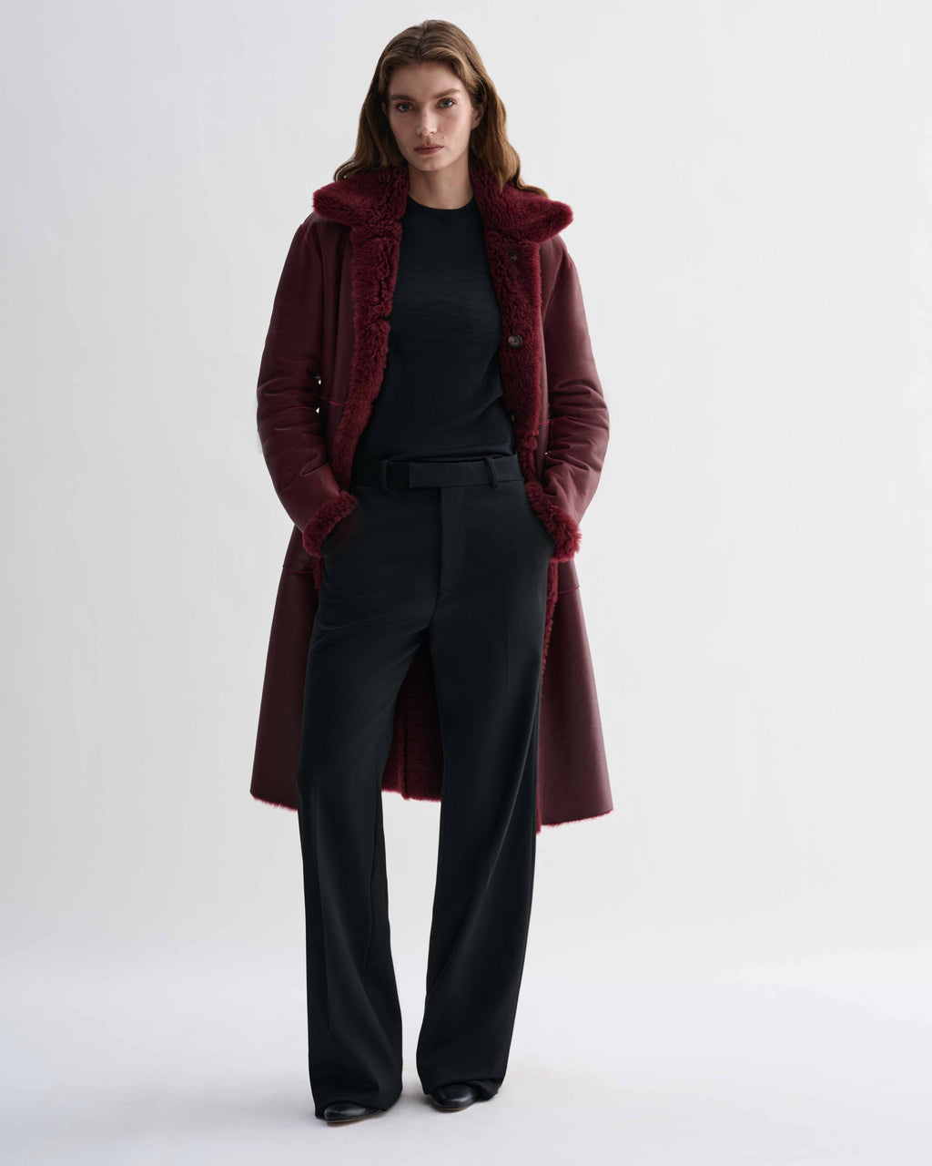 Romy double-faced bordeaux shearling coat, women's luxurious long coat with generous volume and natural texture