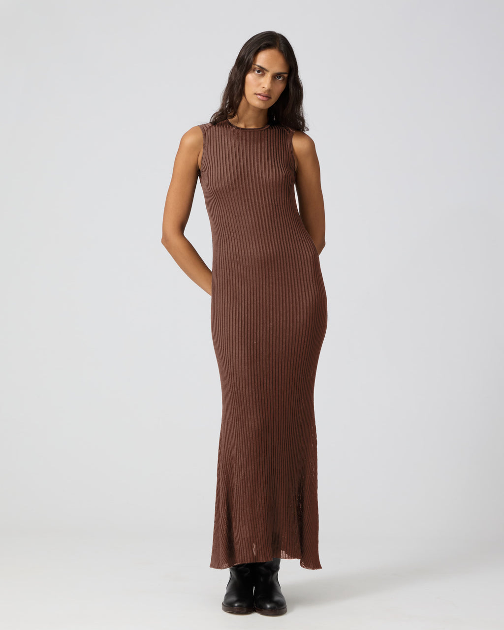 Veronica De Piante Gabby Dress in camel viscose, featuring a flowy silhouette and elegant design, shown on a model.