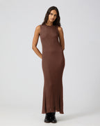 Veronica De Piante Gabby Dress in camel viscose, featuring a flowy silhouette and elegant design, shown on a model.