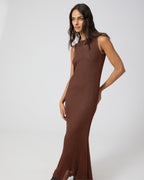 Veronica De Piante Gabby Dress in Viscose, Camel color, flowy design with a V-neck and short sleeves, displayed on a hanger.