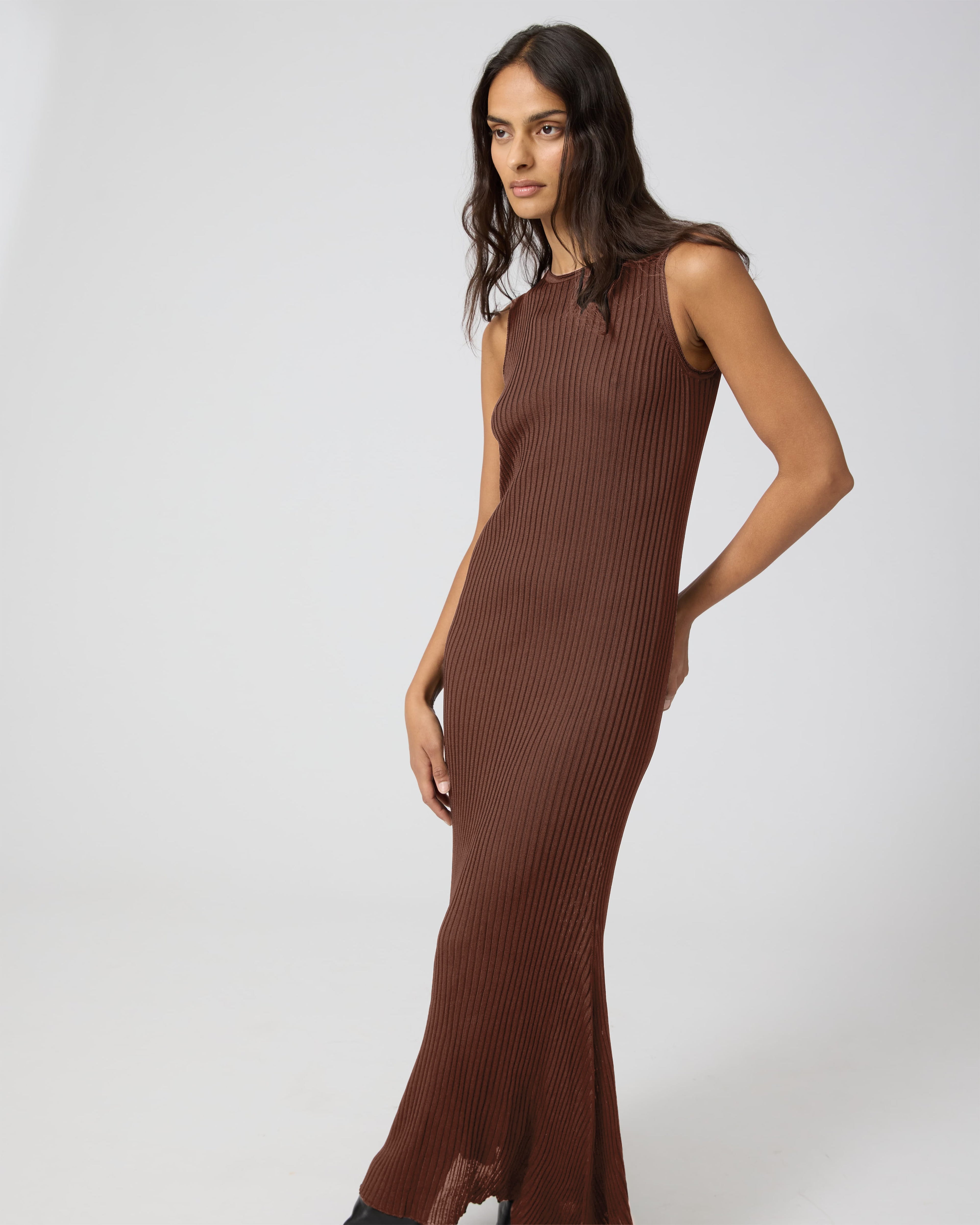 Veronica De Piante Gabby Dress in Viscose, Camel color, flowy design with a V-neck and short sleeves, displayed on a hanger.