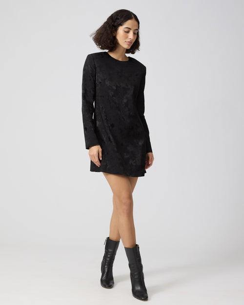 Veronica De Piante Carlota dress in black viscose jacquard fabric, elegant and flowing dress with intricate patterns and a stylish silhouette.