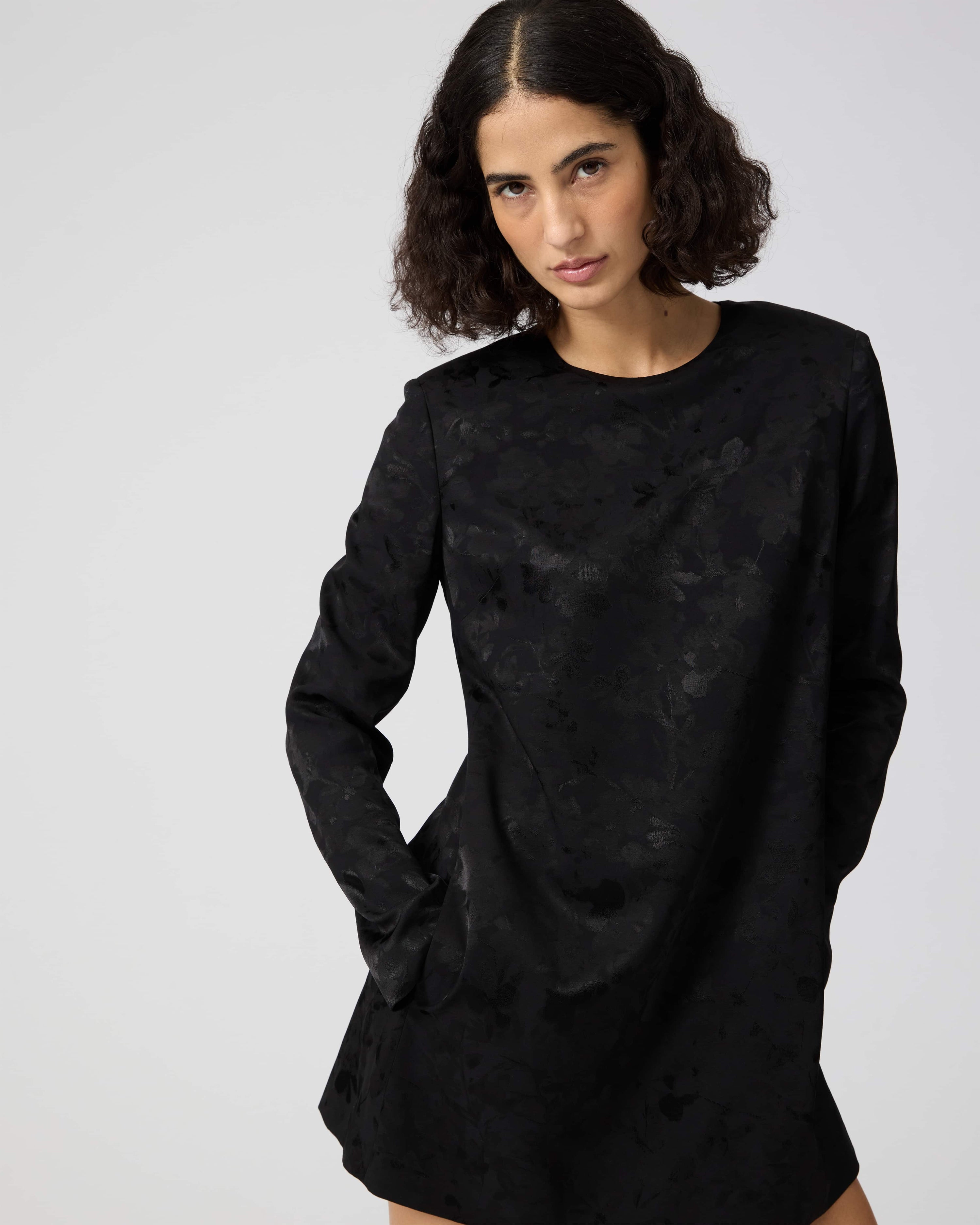 Black Carlota Dress in viscose jacquard, designed by Veronica De Piante, featuring elegant fabric and a flattering fit.