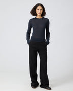 Veronica De Piante Joey Blue Sweater in superfine merino knitwear, showing a close-up of the textured blue fabric.