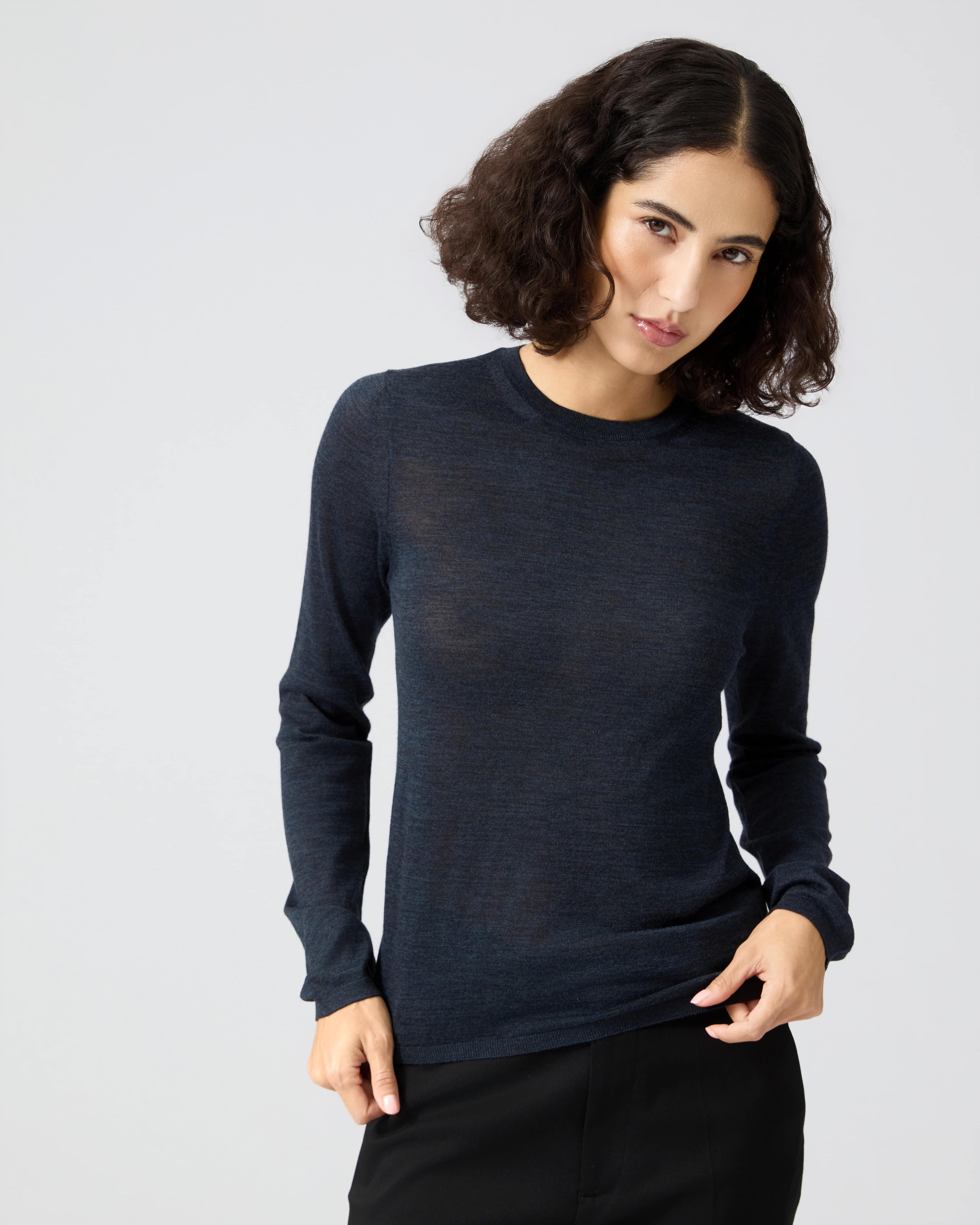 Veronica De Piante Joey sweater in superfine merino wool, blue knitwear with a cozy, textured design.