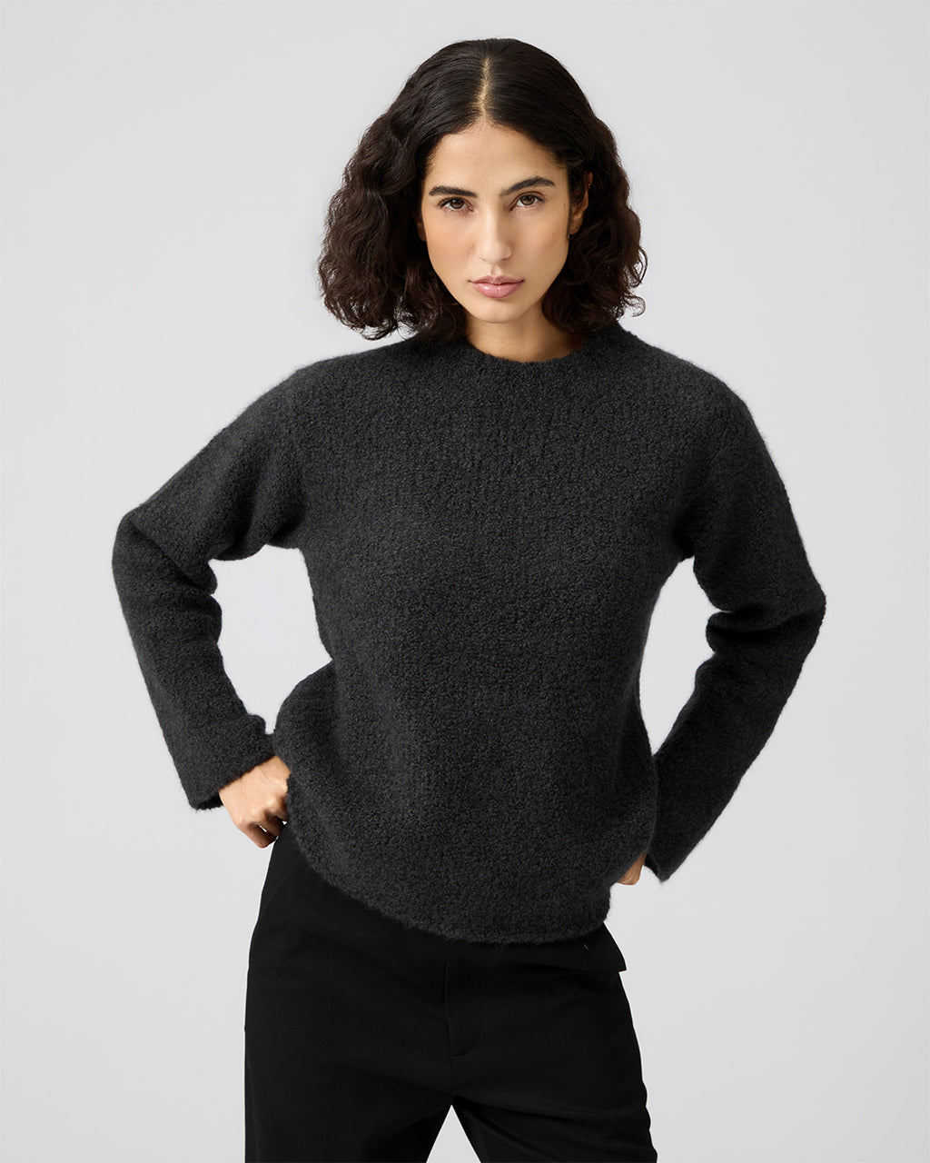 Aline Sweater In Wool-Silk Boucle, Dark Gray Melange