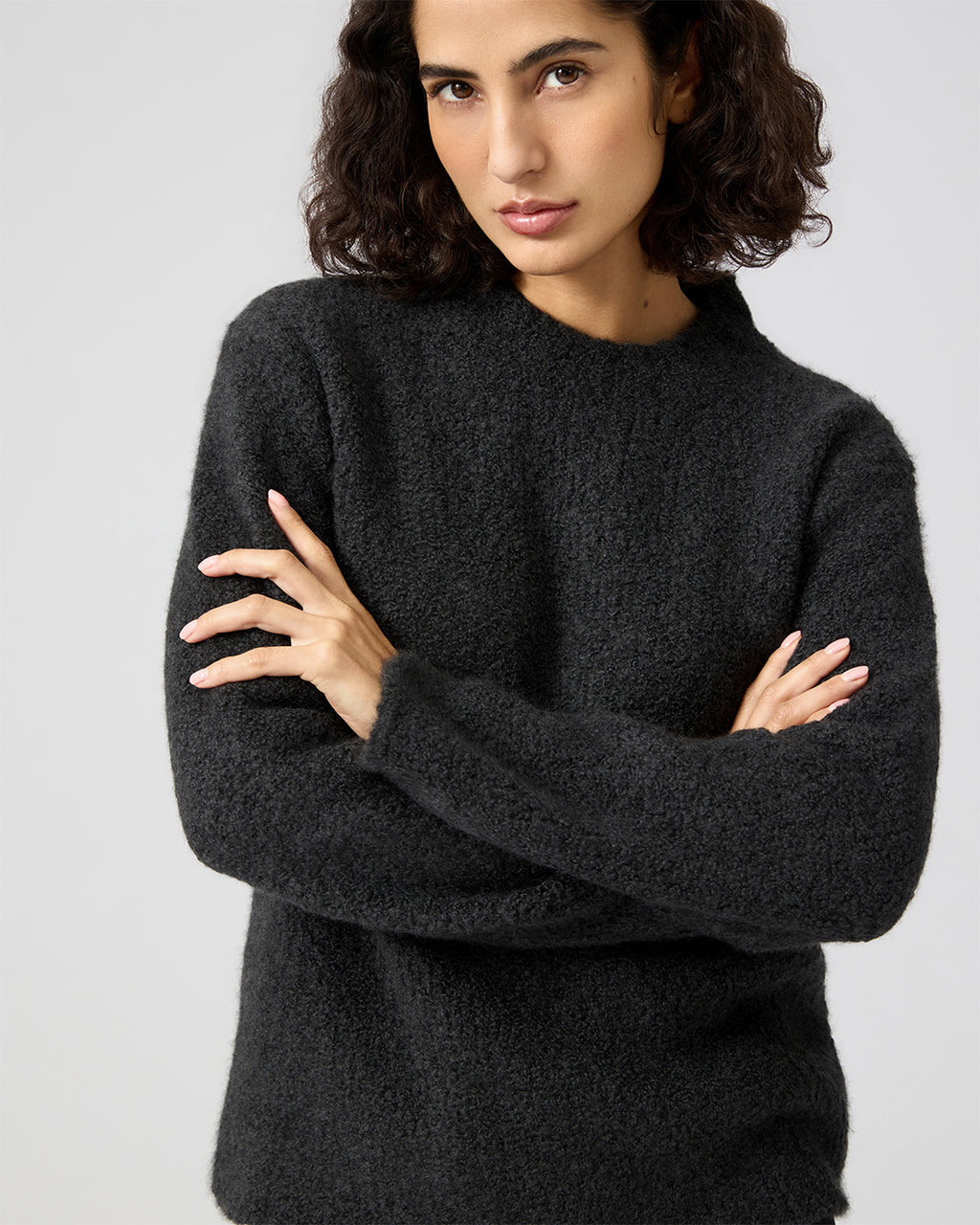 Aline Sweater In Wool-Silk Boucle, Dark Gray Melange