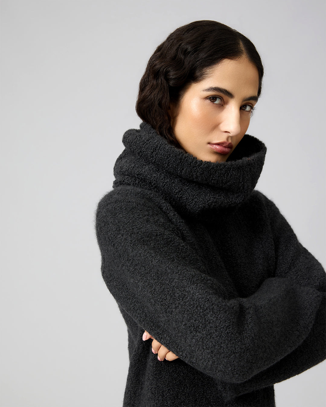 Lee Snood In Wool-Silk Boucle, Dark Gray Melange