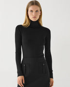 Black silk knit Evanne turtleneck sweater from SALE, featuring a soft texture and elegant fit.
