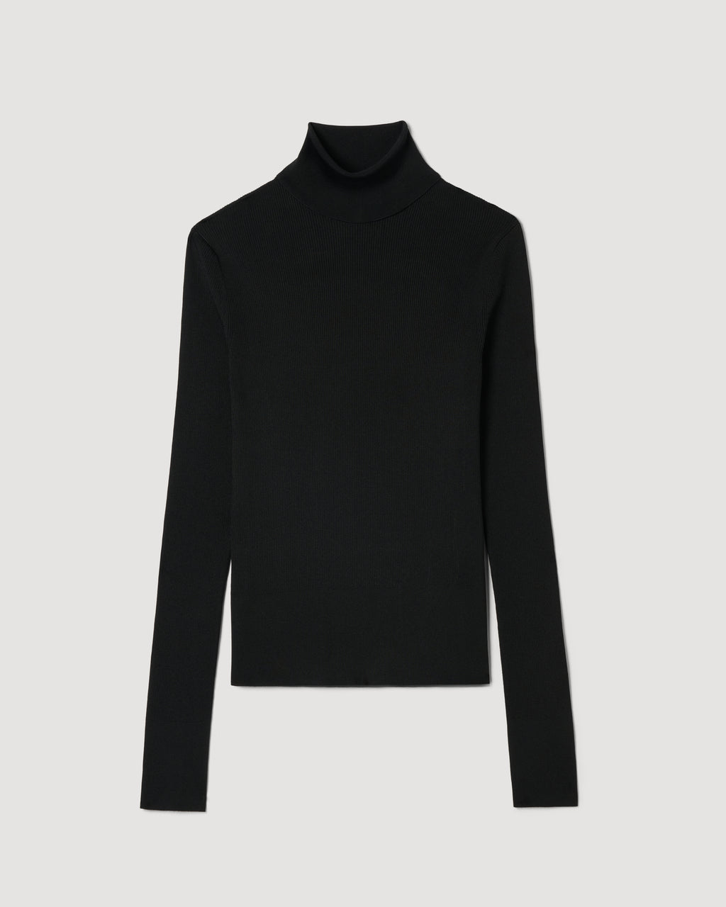 Black silk knit turtleneck by SALE, showcasing a soft texture and elegant design suitable for layering in cooler weather.