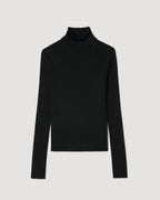 Black silk knit turtleneck by SALE, showcasing a soft texture and elegant design suitable for layering in cooler weather.
