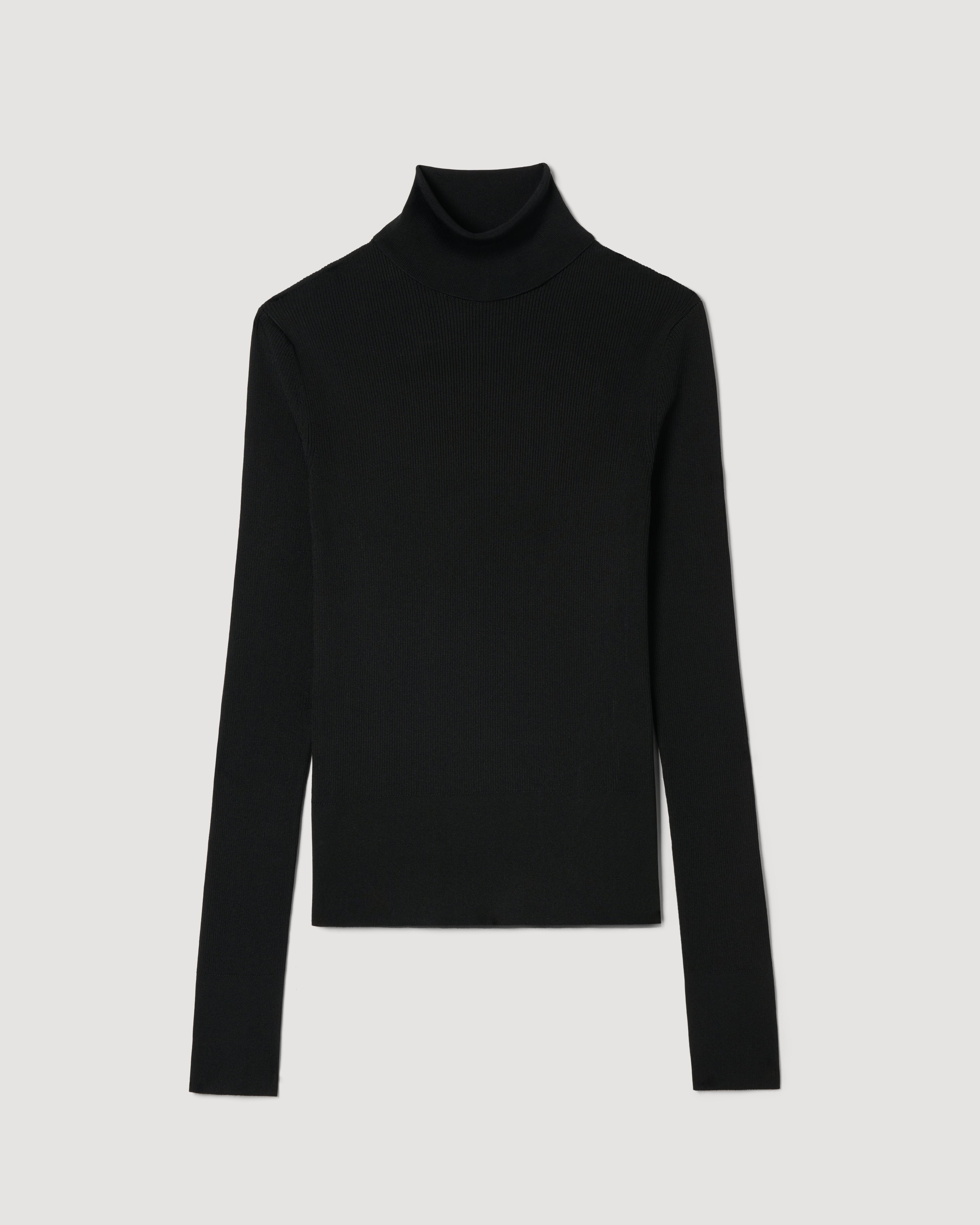 Black silk knit turtleneck by SALE, showcasing a soft texture and elegant design suitable for layering in cooler weather.
