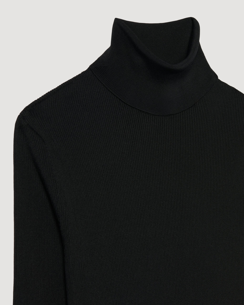 Black silk knit Evanne turtleneck sweater by SALE, showcasing a soft texture and elegant design.