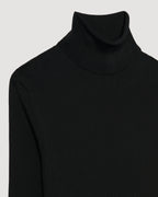 Black silk knit Evanne turtleneck sweater by SALE, showcasing a soft texture and elegant design.