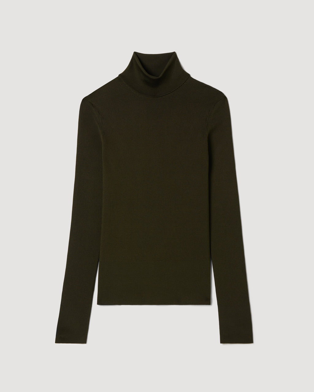 Olive green Evanne turtleneck knitwear by Veronica De Piante made of silk crepe fabric, displayed on a white background.