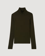 Olive green Evanne turtleneck knitwear by Veronica De Piante made of silk crepe fabric, displayed on a white background.