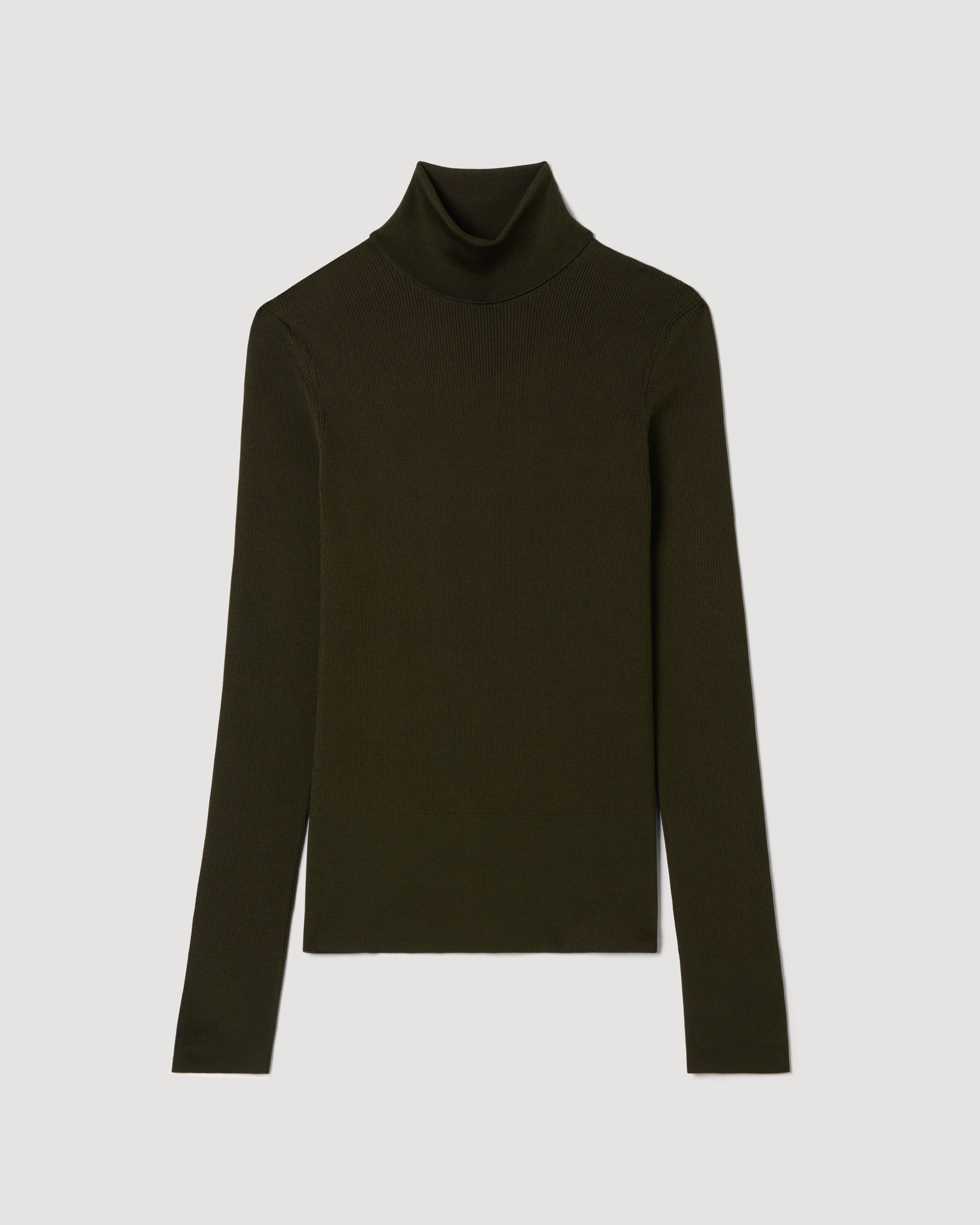 Olive green Evanne turtleneck knitwear by Veronica De Piante made of silk crepe fabric, displayed on a white background.