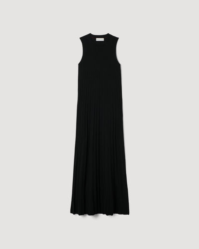 Black Zeta Dress packshot. Sleeveless silk knit maxi dress with fine ribbed texture. Italian knitted silk crepe
