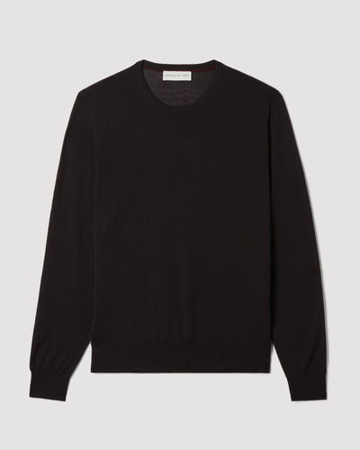 Rae Sweater chocolate 100% merino wool packshot. Lightweight fine-gauge knitwear, round neck, relaxed fit