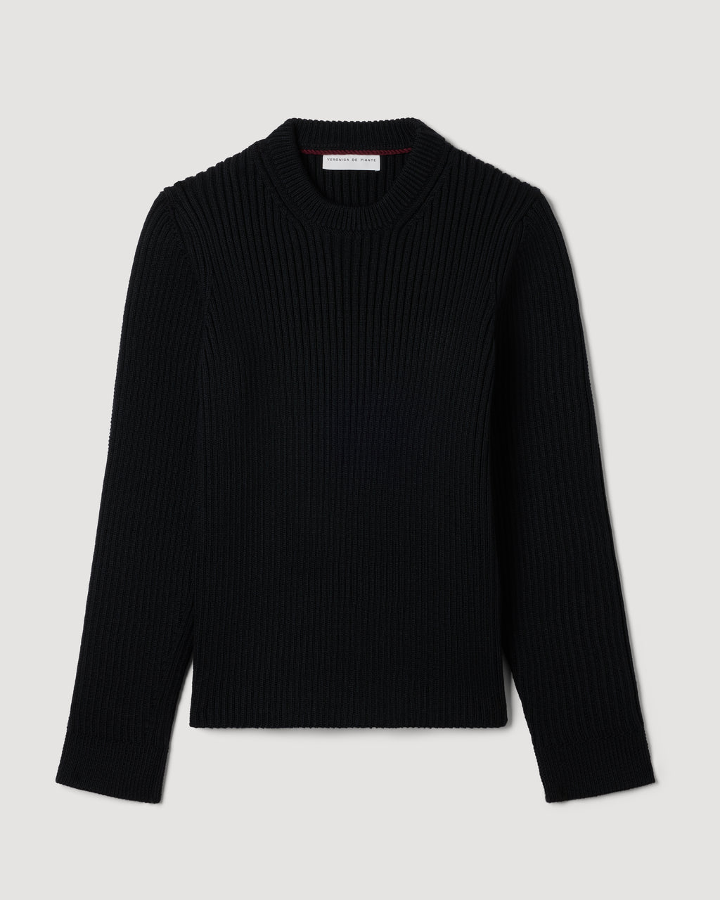 Black Ivy merino wool sweater, semi-fitted, mid-heavy bulletproof ribbed knit crew neck