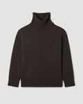 Delphine wool cashmere knitwear packshot. Dark brown oversized heavy-gauge roll-neck sweater with wide ribbed neck, cuffs, hem