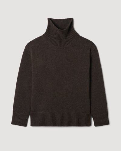 Delphine wool cashmere knitwear packshot. Dark brown oversized heavy-gauge roll-neck sweater with wide ribbed neck, cuffs, hem