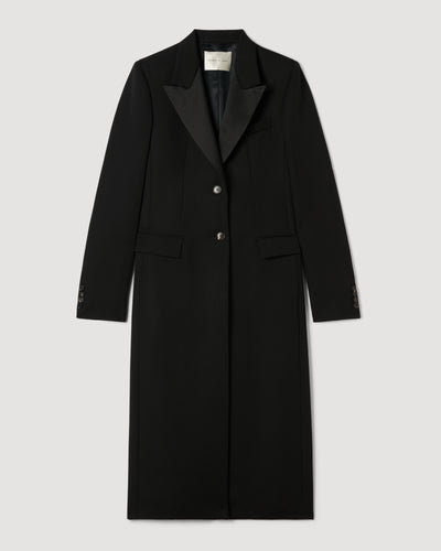 Meliha Coat, black Grain de Poudre wool, semi-fitted luxury coat packshot features silk lapels, buttoned cuffs & front pockets