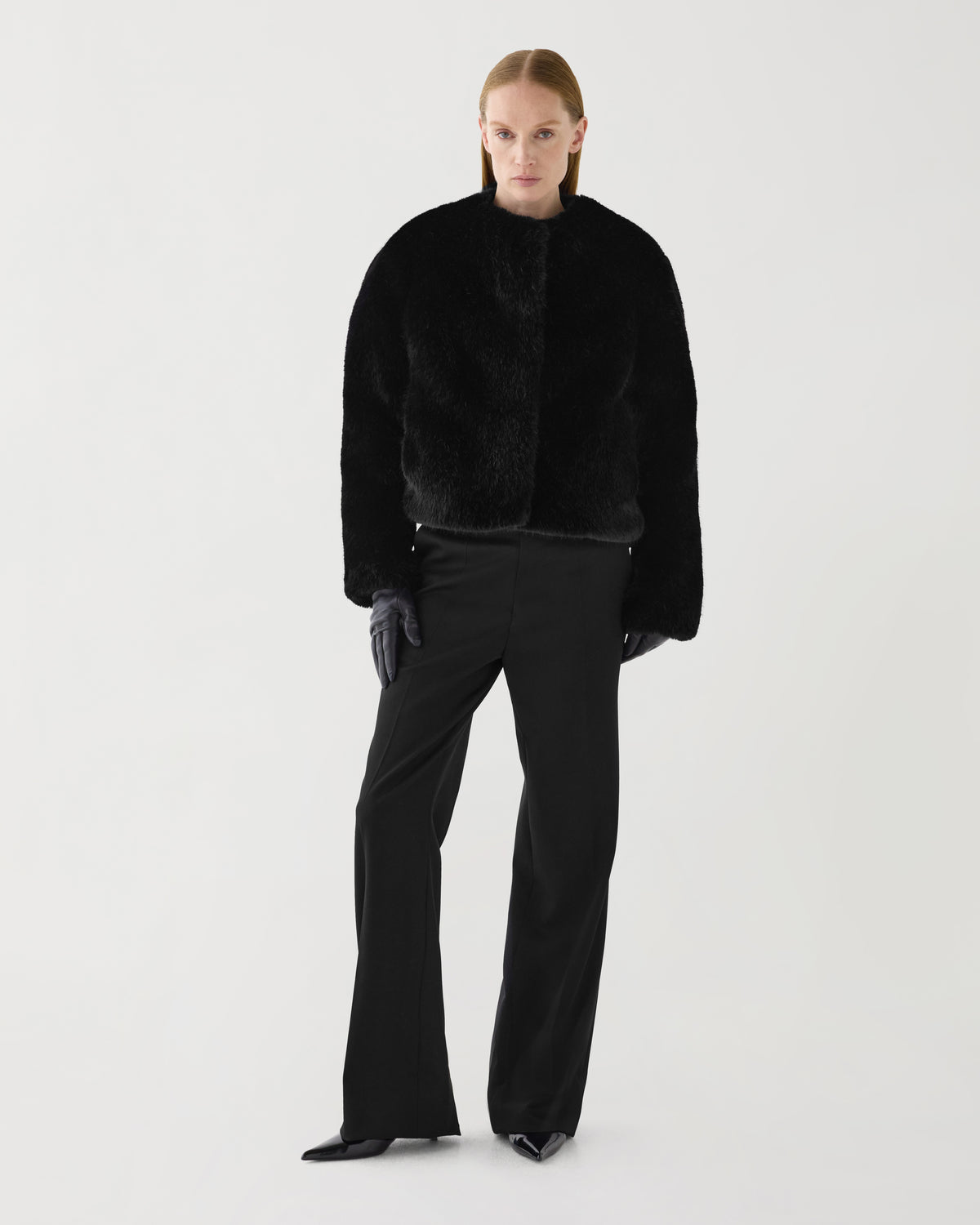 Black Sadie Jacket, cropped vegan fur jacket, boxy silhouette, plush luxury, worn by model