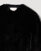 Black Sadie Jacket faux fur packshot. Cropped boxy style, plush vegan fur, silk cupro lining