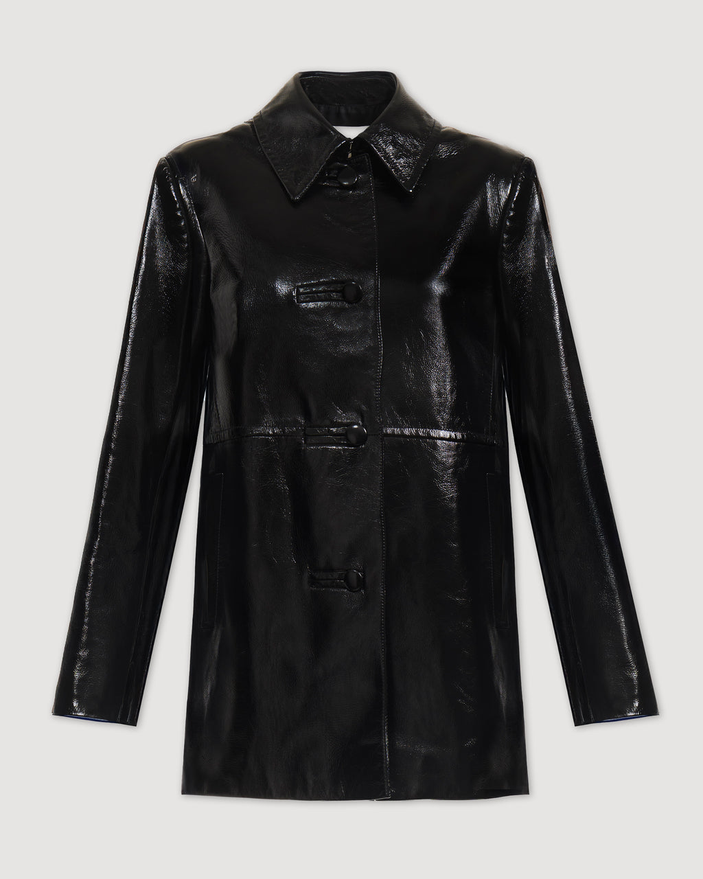 Black Jess jacket in patent leather by Veronica De Piante, shown as a stylish coat with sleek, shiny finish.