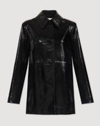 Black Jess jacket in patent leather by Veronica De Piante, shown as a stylish coat with sleek, shiny finish.