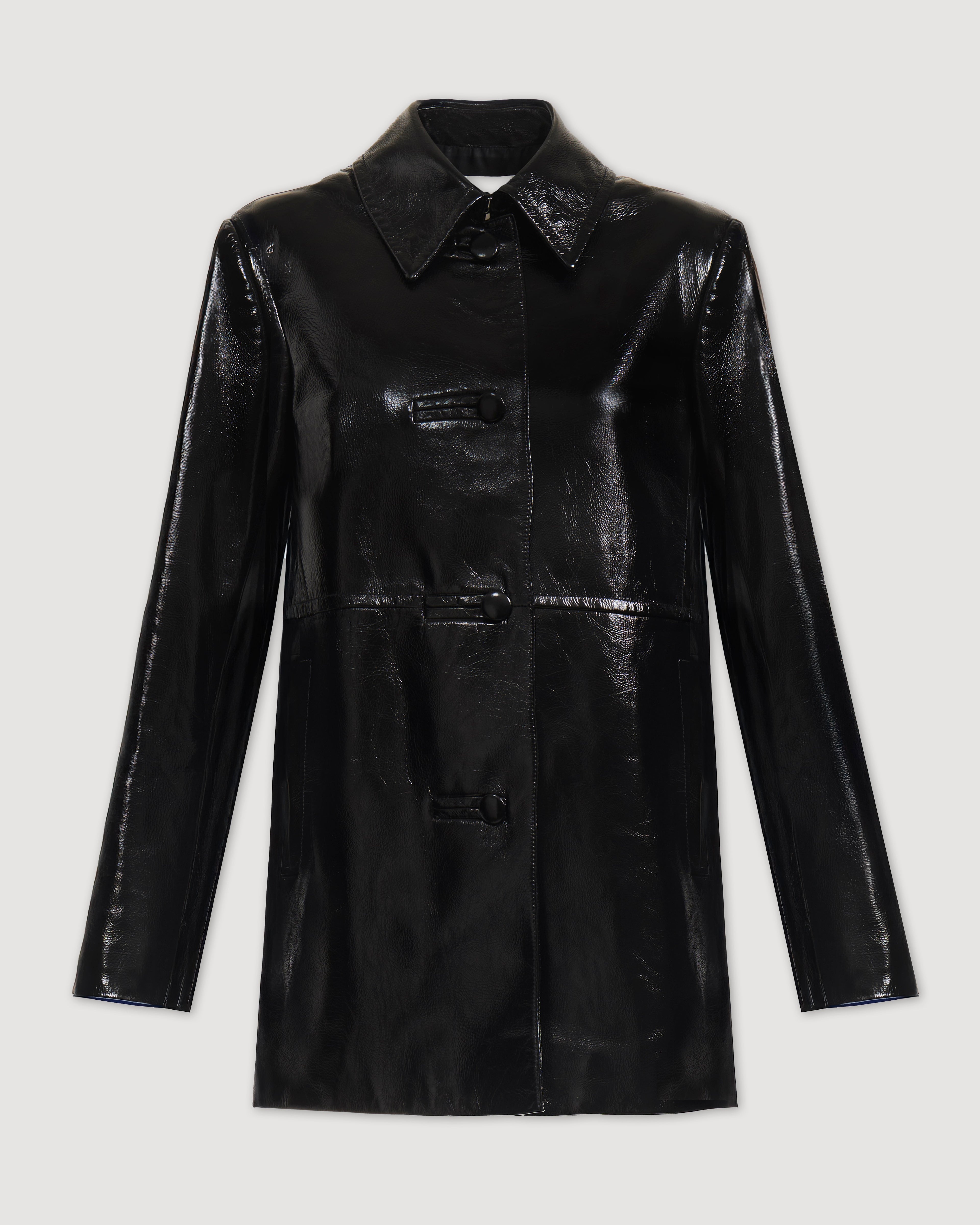 Black Jess jacket in patent leather by Veronica De Piante, shown as a stylish coat with sleek, shiny finish.