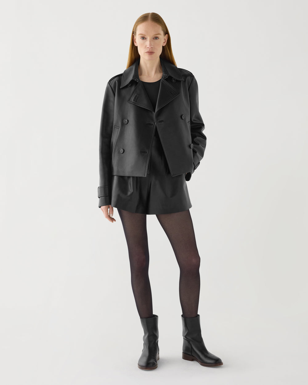 Libby Cropped Trench in Nappa Leather,  Black