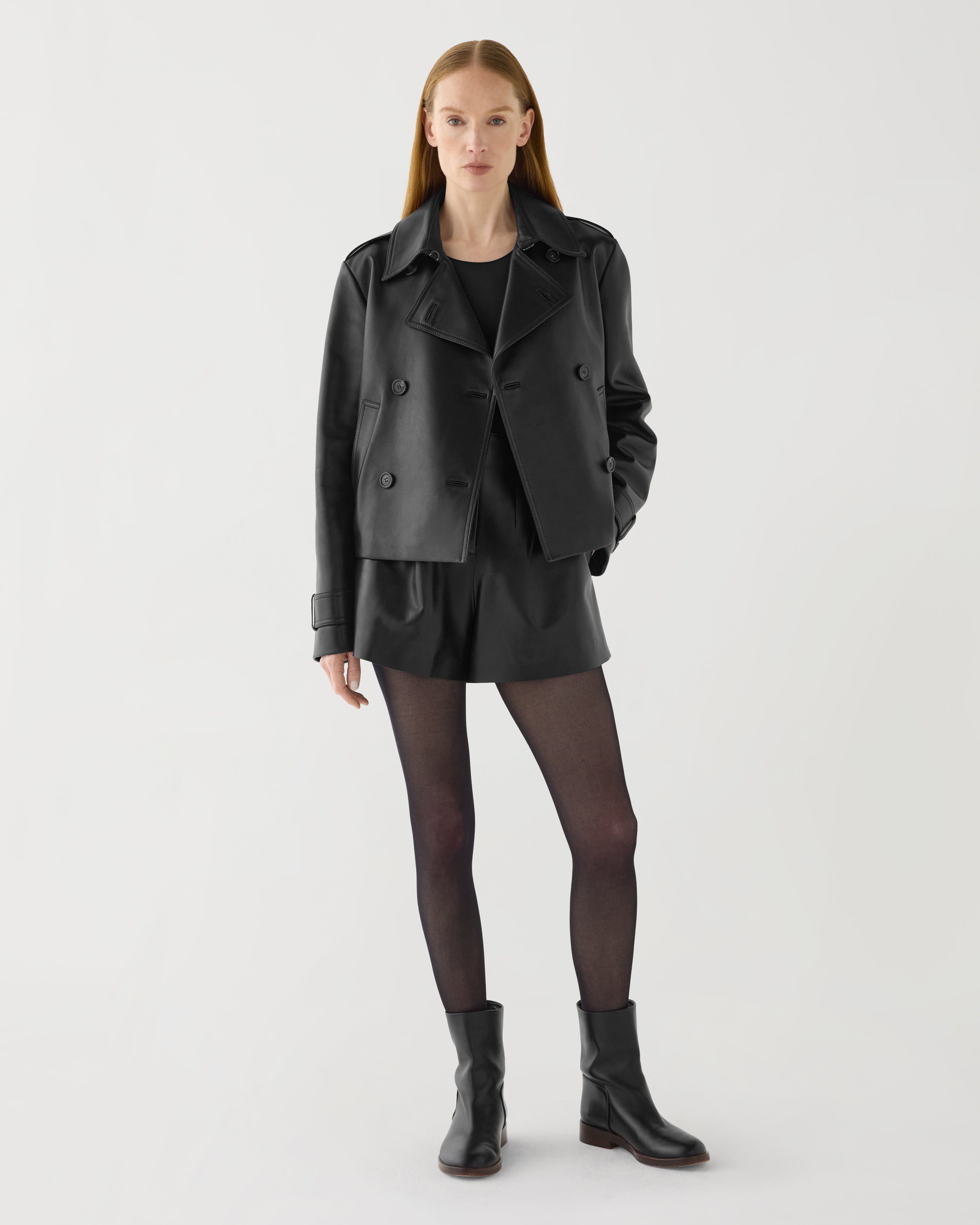 Libby Cropped Trench in Nappa Leather,  Black