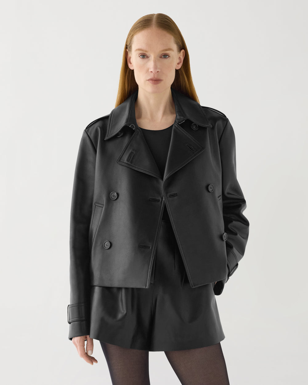 Libby Cropped Trench in Nappa Leather,  Black