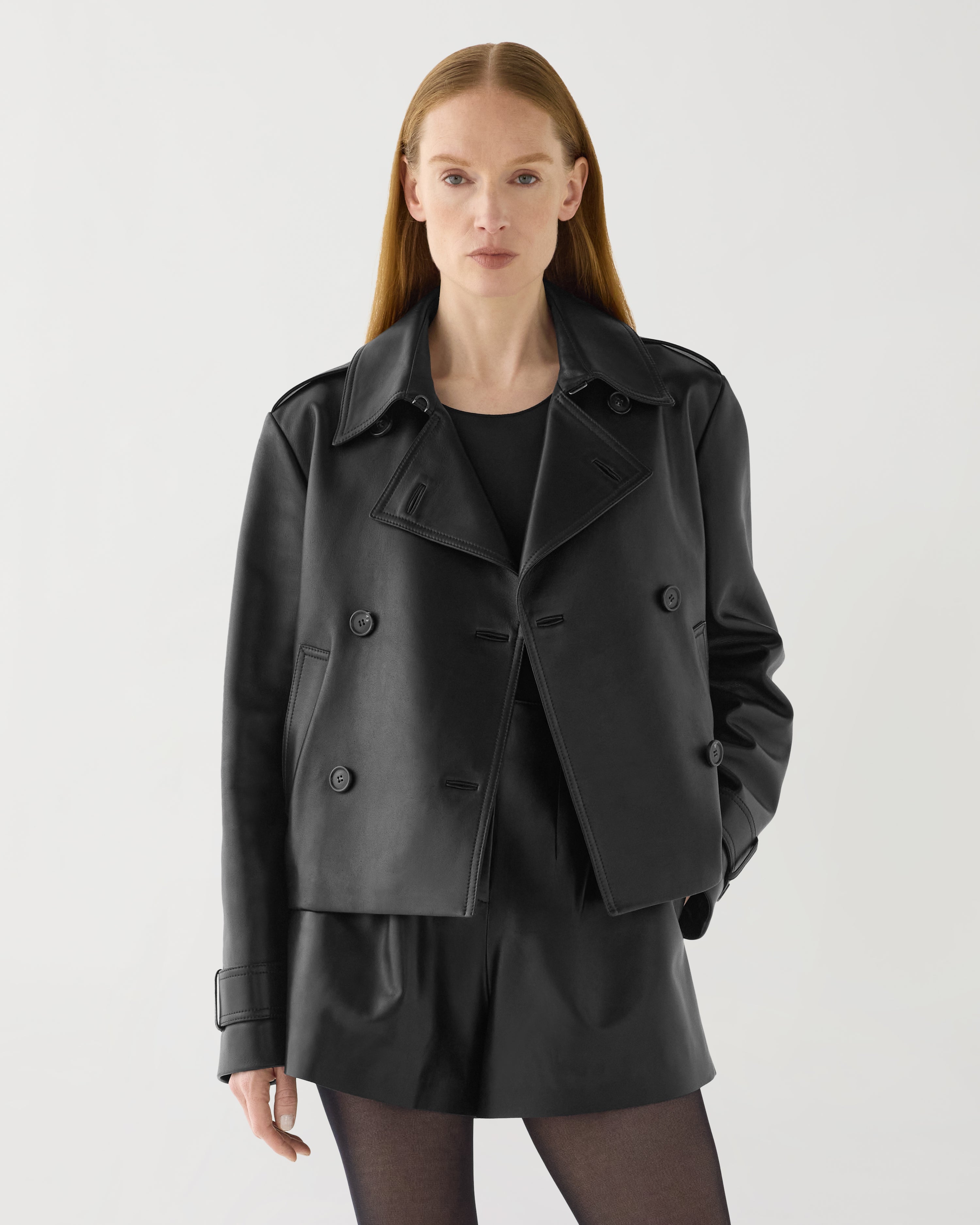 Libby Cropped Trench in Nappa Leather,  Black