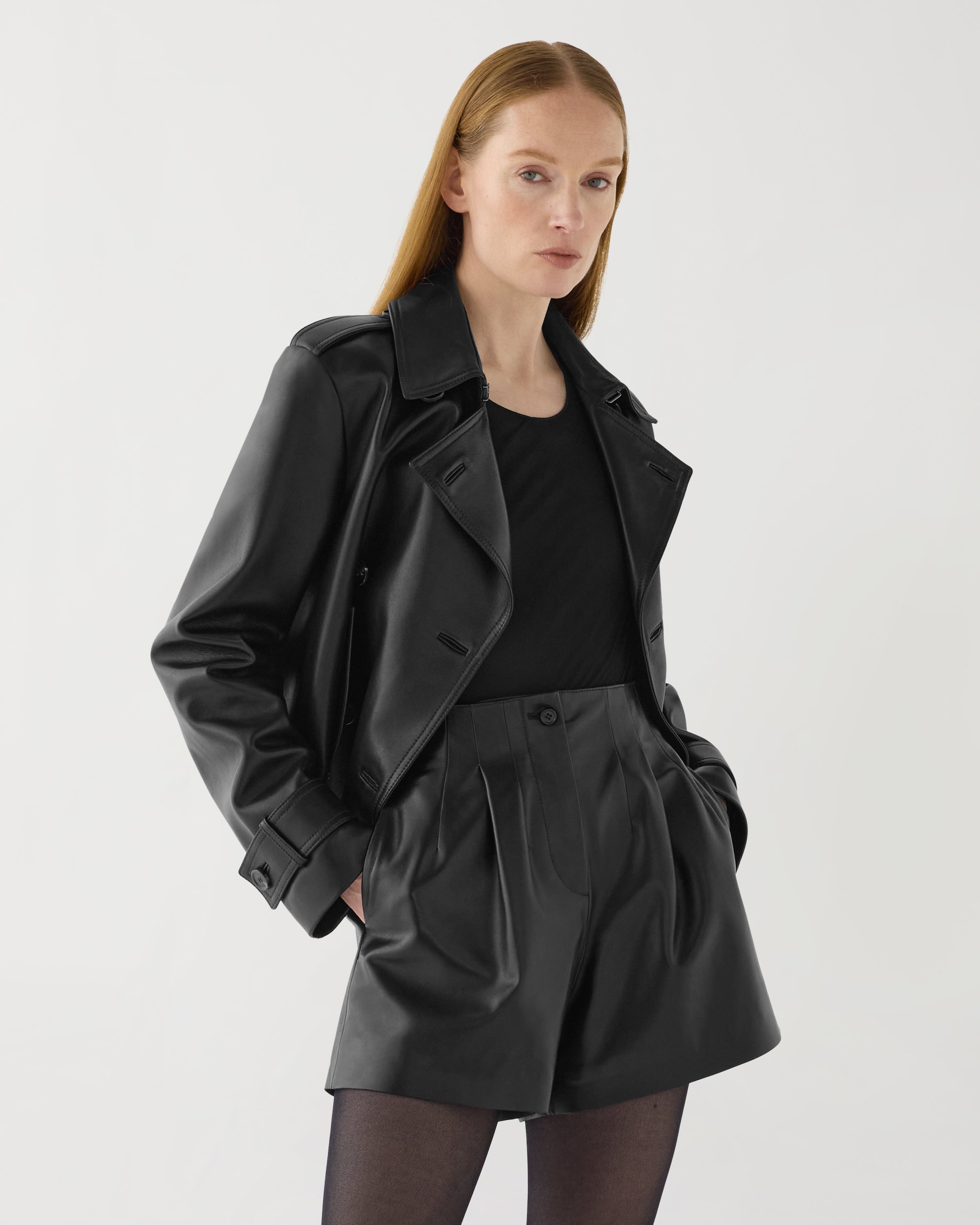 Libby Cropped Trench in Nappa Leather,  Black