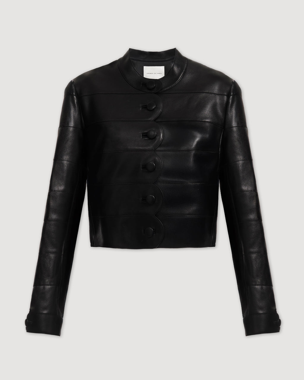 Black Rory jacket in Nappa leather by Veronica De Piante, featuring a sleek, fitted design with detailed stitching and a stylish collar.