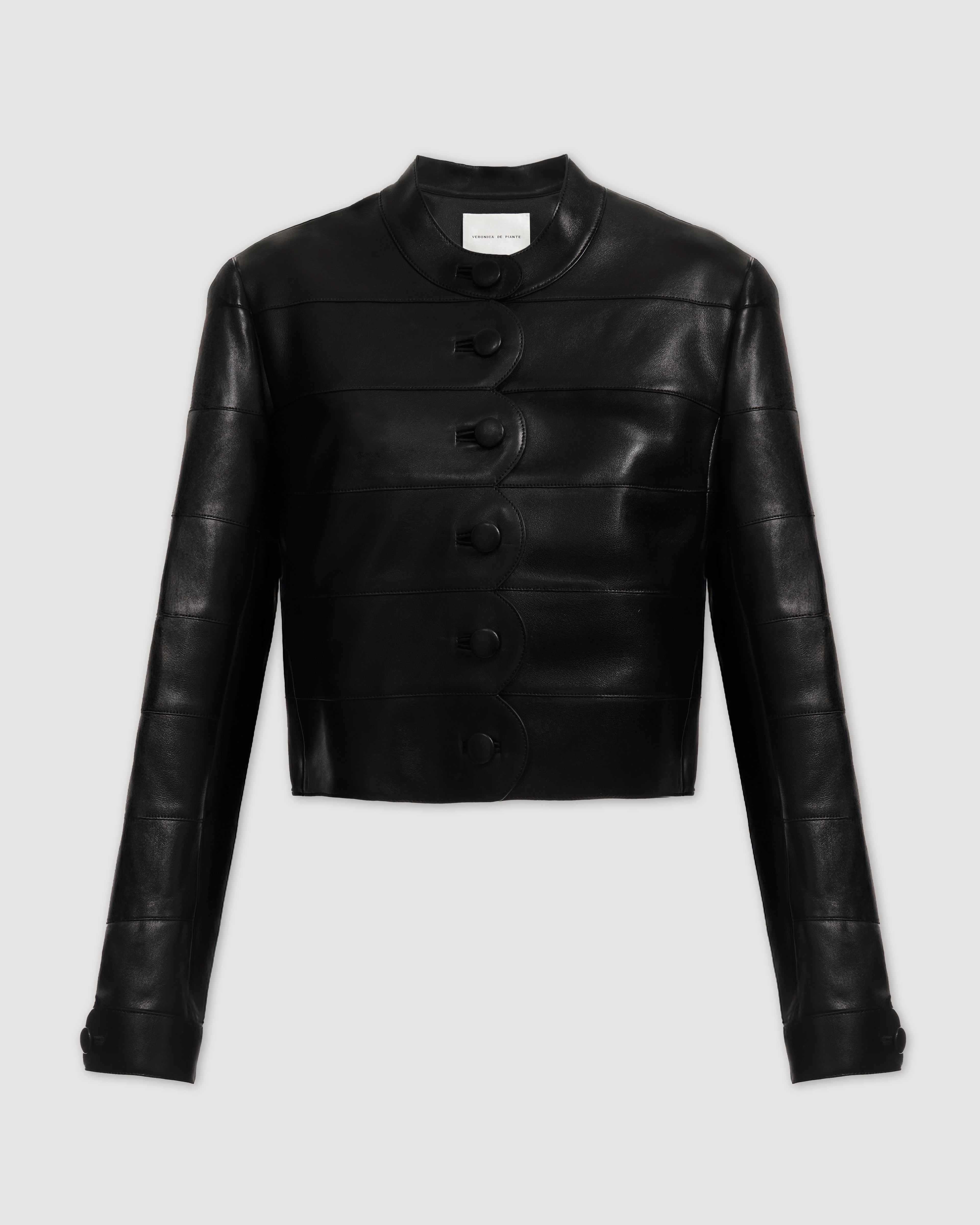 Black Rory jacket in Nappa leather by Veronica De Piante, featuring a sleek, fitted design with detailed stitching and a stylish collar.