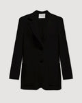 Sebastian black silk blazer packshot. Lightweight, slouchy tailored jacket with notch lapels and three front pockets