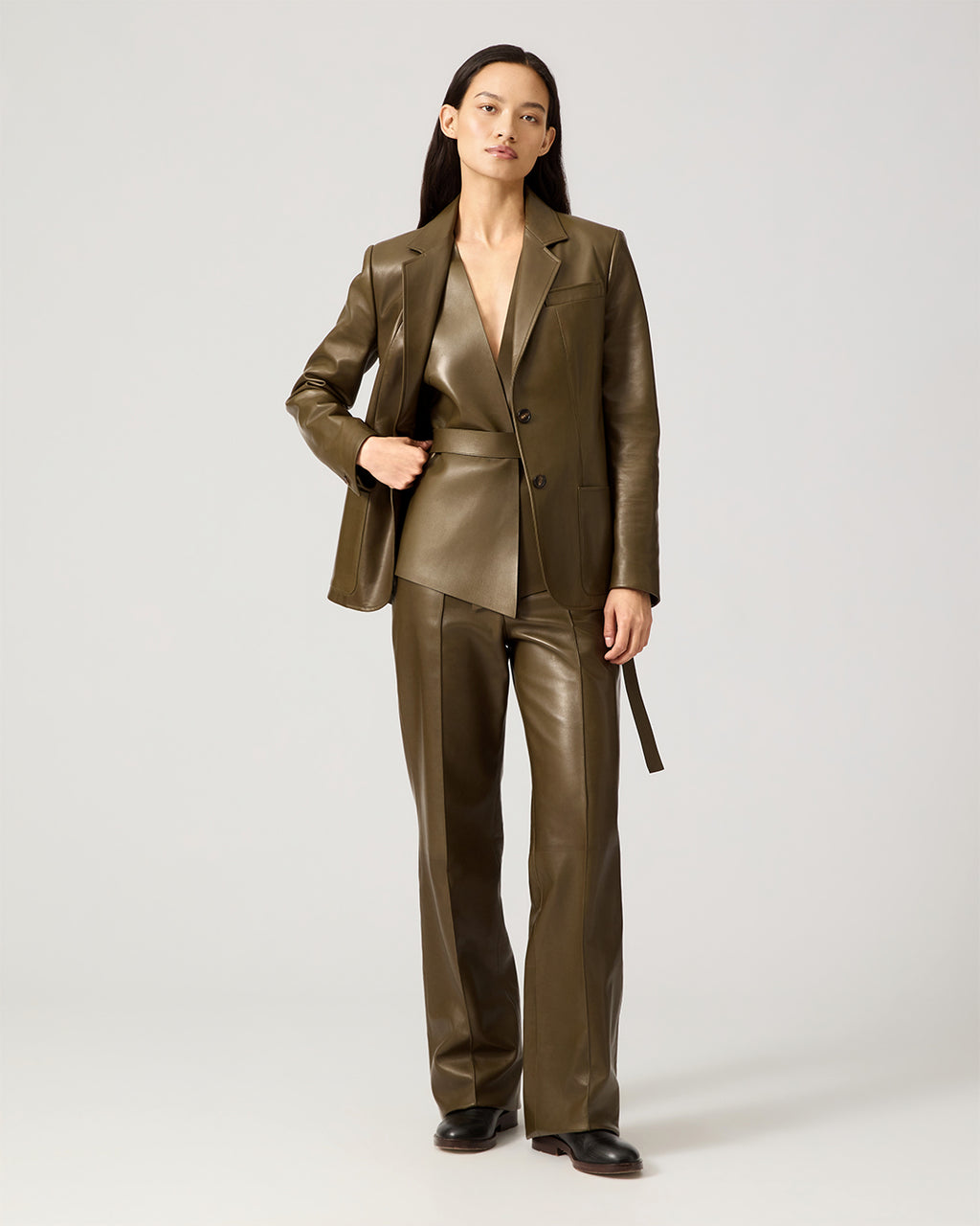 Marlene Jacket In Plongé Leather, Dark Olive