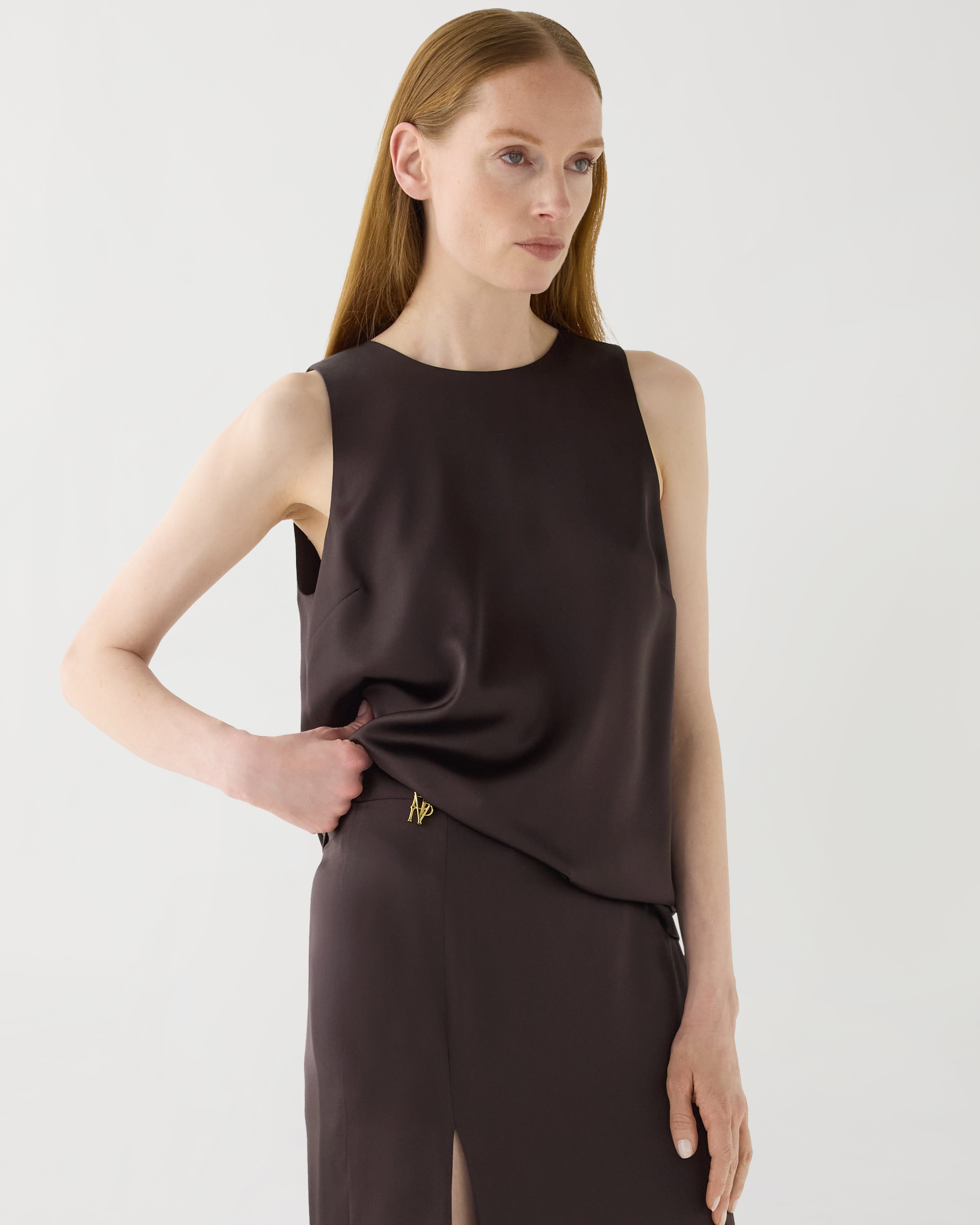 Evie Top in Stretch Satin, Chocolate