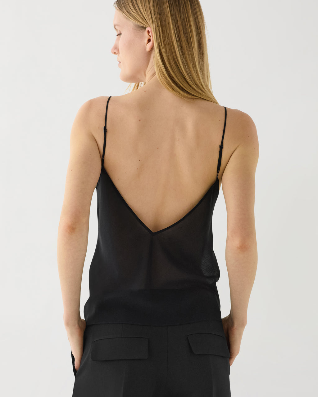 Black Martina camisole, back view, semi-sheer wool & Chantilly lace, deep V-back, adjustable spaghetti straps