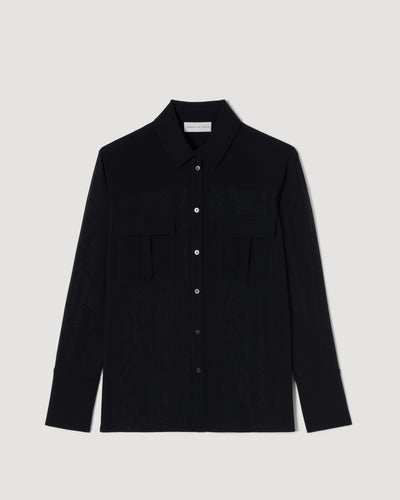 Jamie black lightweight semi-sheer wool voile shirt packshot Classic fit, breast patch pockets, corozo buttons, wide cuffs