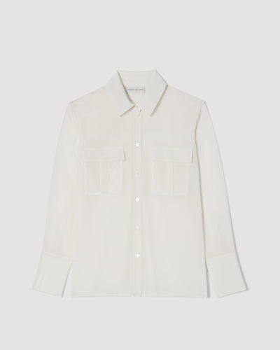 Jamie Shirt in off-white semi-sheer wool voile classic fit top with breast patch pockets and wide cuffs packshot
