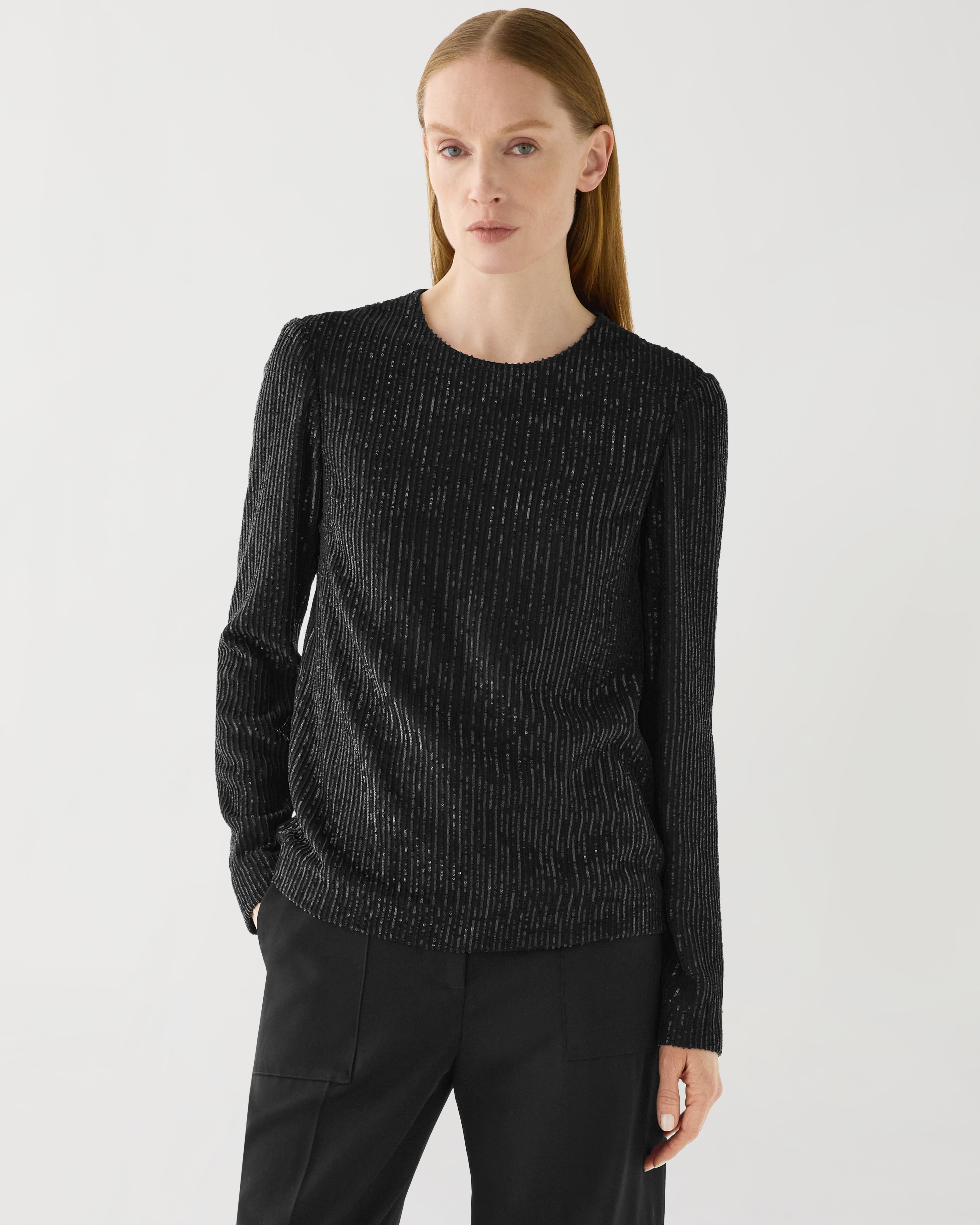 Iman Top in Striped Sequin, Black