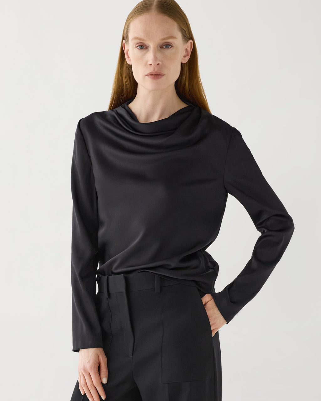 Black stretch silk Cecilia top by SALE, featuring a sleek design and elegant drape, perfect for versatile styling.