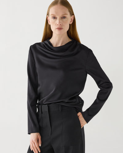 Black stretch silk Cecilia top by SALE, featuring a sleek design and elegant drape, perfect for versatile styling.