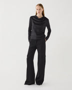 Black stretch silk Cecilia top by SALE, featuring a sleek design and elegant drape, shown on a neutral background.